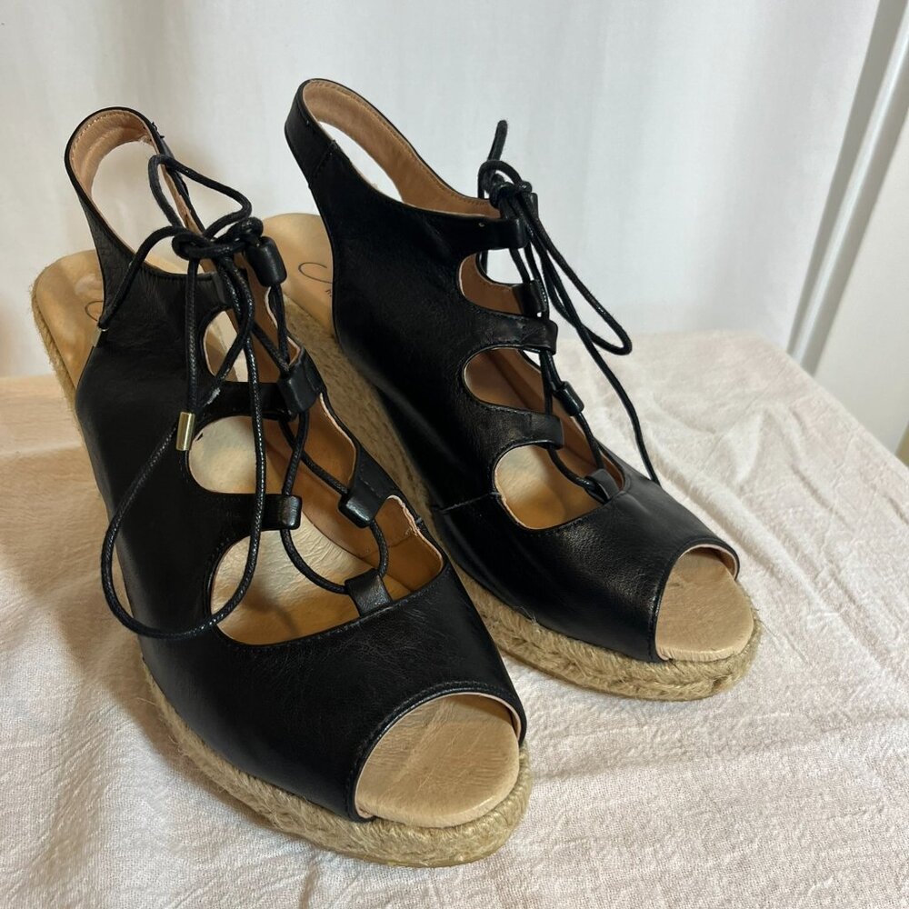 Gaimo Black Leather Espadrille Wedge Shoes, Size 7.5/8